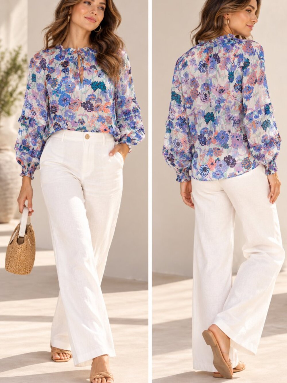 Tanya Taylor Floral Ruffle Tie Neck Cotton Blouse Multicolor